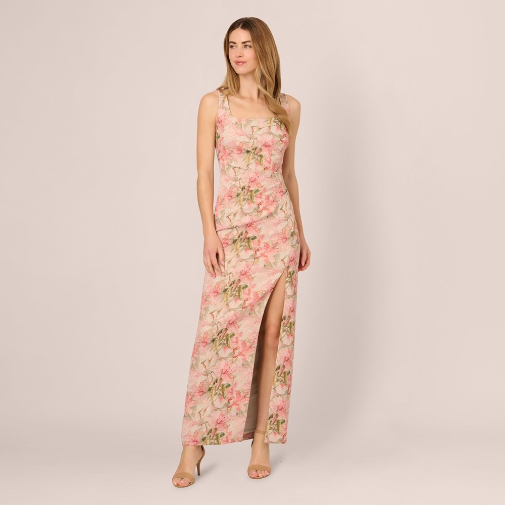 Adrianna Papell Pink Floral Square-Neck Maxi Dress with High Slit